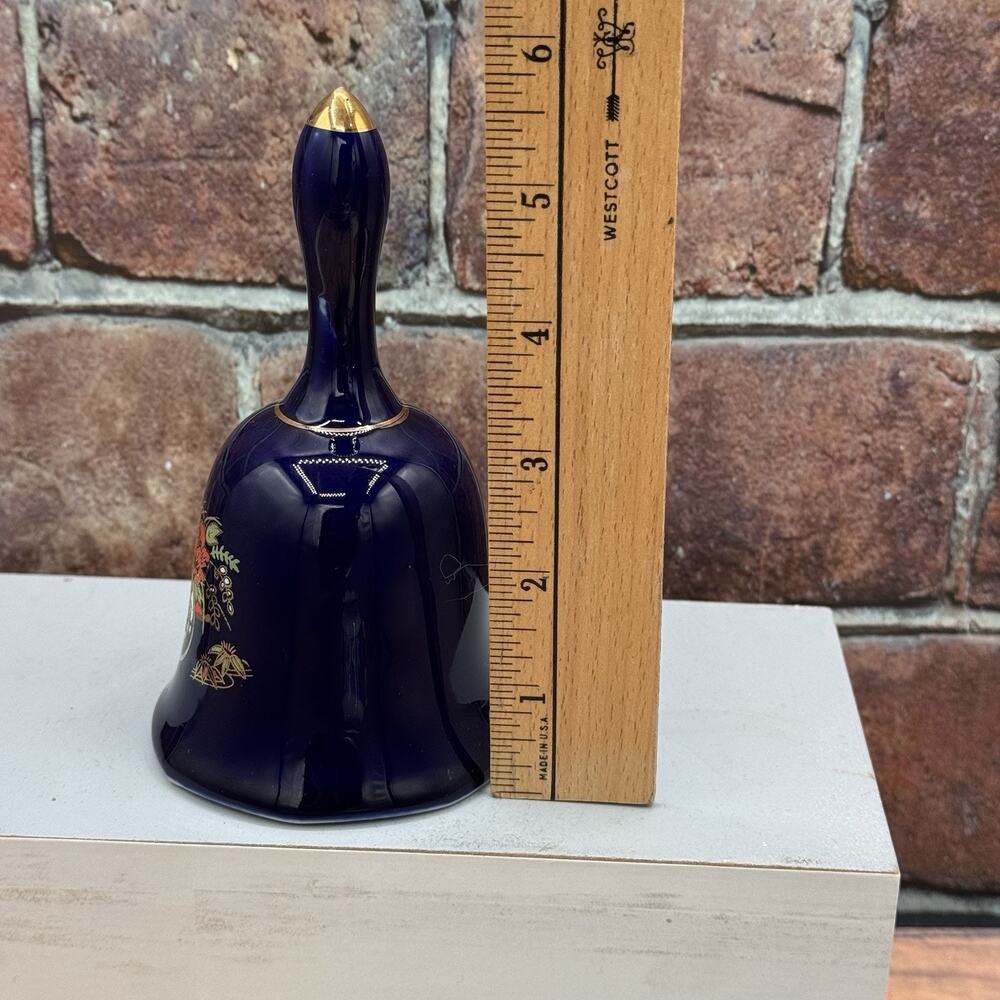 Vintage Cobalt‎ Blue Porcelain Hand Bell Floral Wagon Gold Trim - Picture 4 of 6